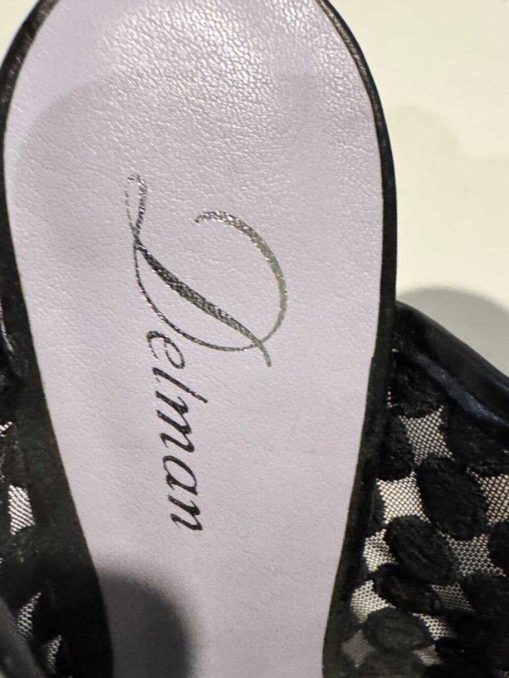 Delman Women's Black High-Heel Sandals w/Mesh Overlay and Leather Straps, Size 9 - Picture 4 of 7